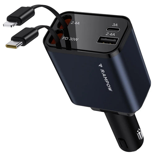 RAMPOW 50W Car Charger USB + Type-C Output Charging Station with Retractable Type-C + 8-Pin Cables - Black - 1