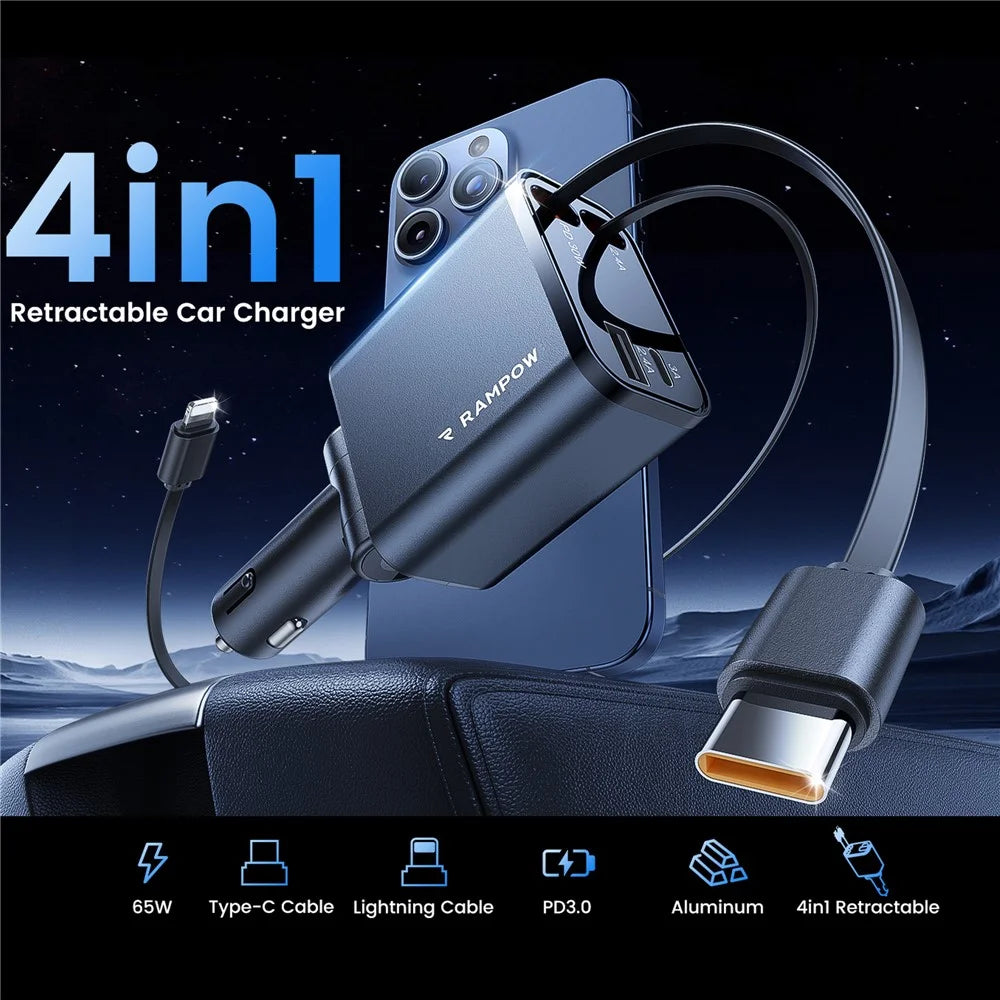 RAMPOW 50W Car Charger USB + Type-C Output Charging Station with Retractable Type-C + 8-Pin Cables - Black - 2