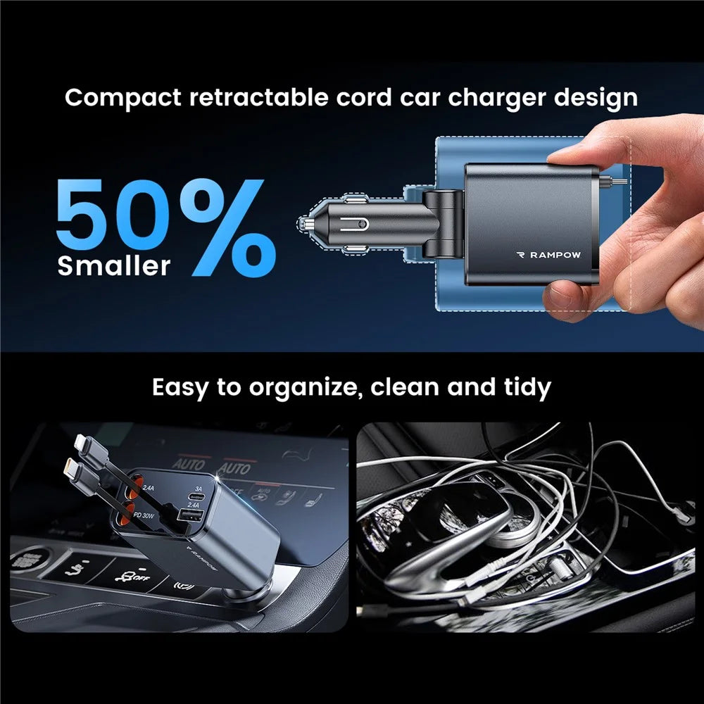 RAMPOW 50W Car Charger USB + Type-C Output Charging Station with Retractable Type-C + 8-Pin Cables - Black - 3