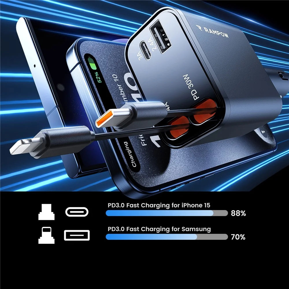 RAMPOW 50W Car Charger USB + Type-C Output Charging Station with Retractable Type-C + 8-Pin Cables - Black - 4