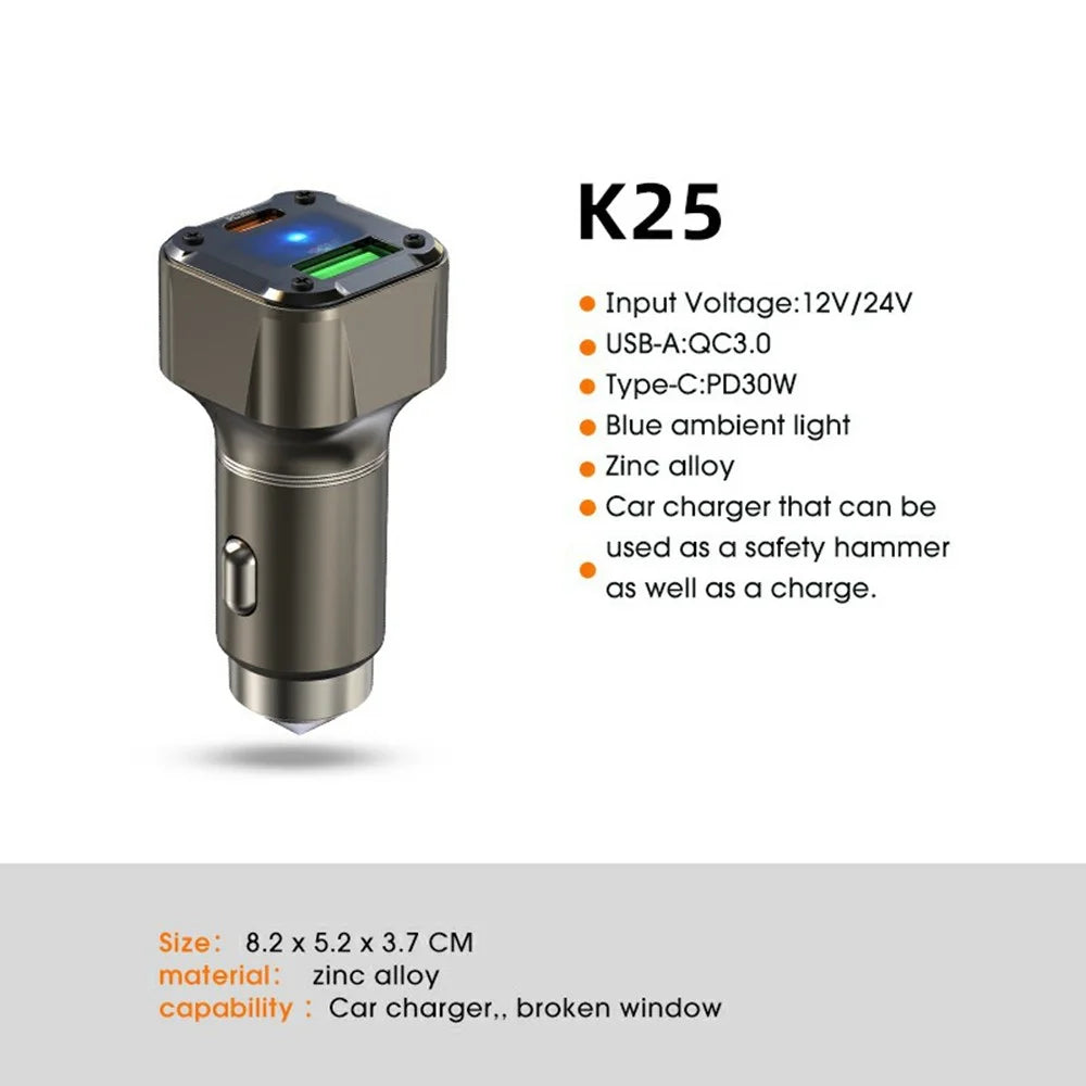 K25 Car Charger Adapter PD 30W Super Charger Fast Charging Metal Window Breaker - 2