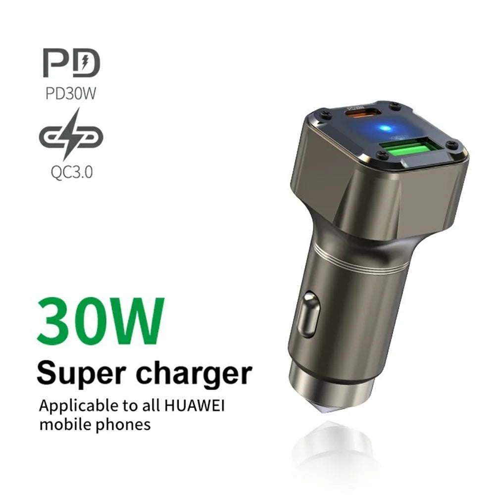 K25 Car Charger Adapter PD 30W Super Charger Fast Charging Metal Window Breaker - 4