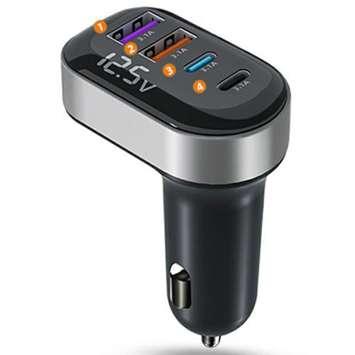 K33 USB-A + Type-C 4-Port Car Charger Fast Charging Adapter with Voltage Display - 1