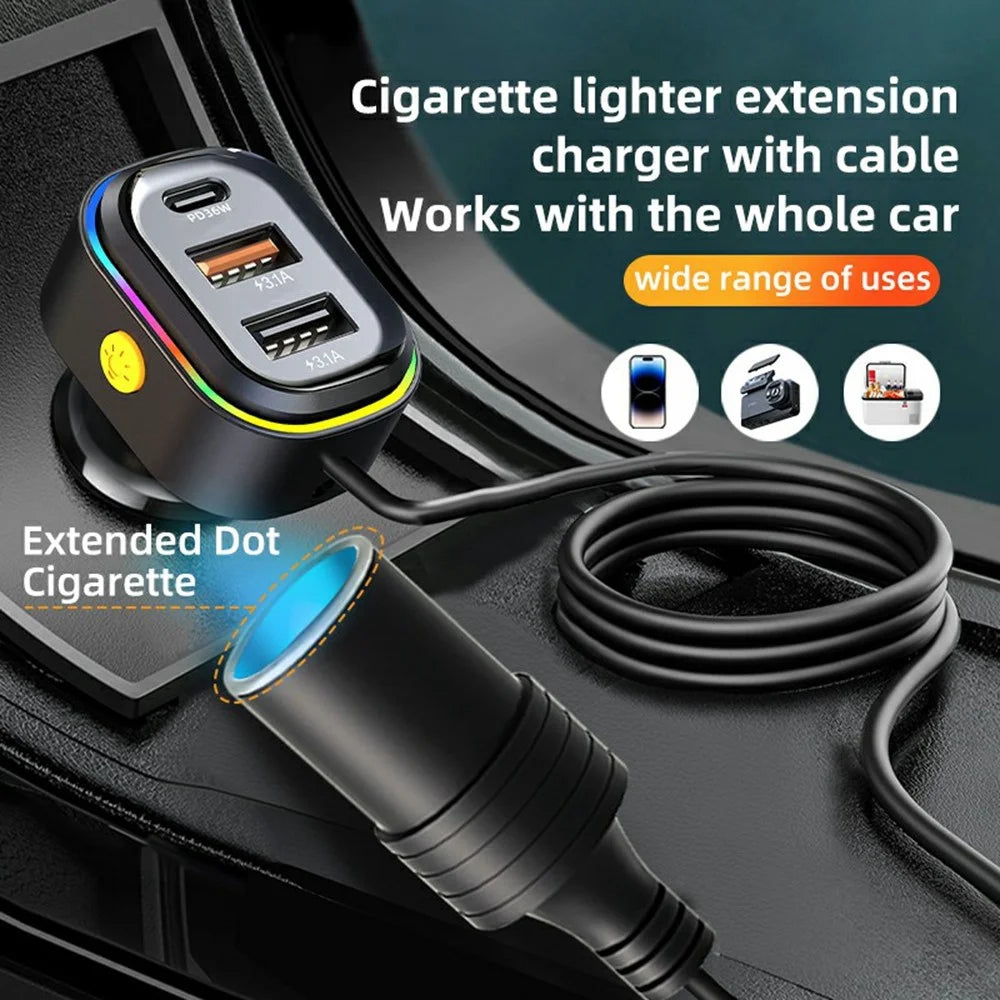 YQ9 Type-C + Dual USB Car Front Rear Seat Cigarette Lighter Charger for 12-24V Vehicles - 2