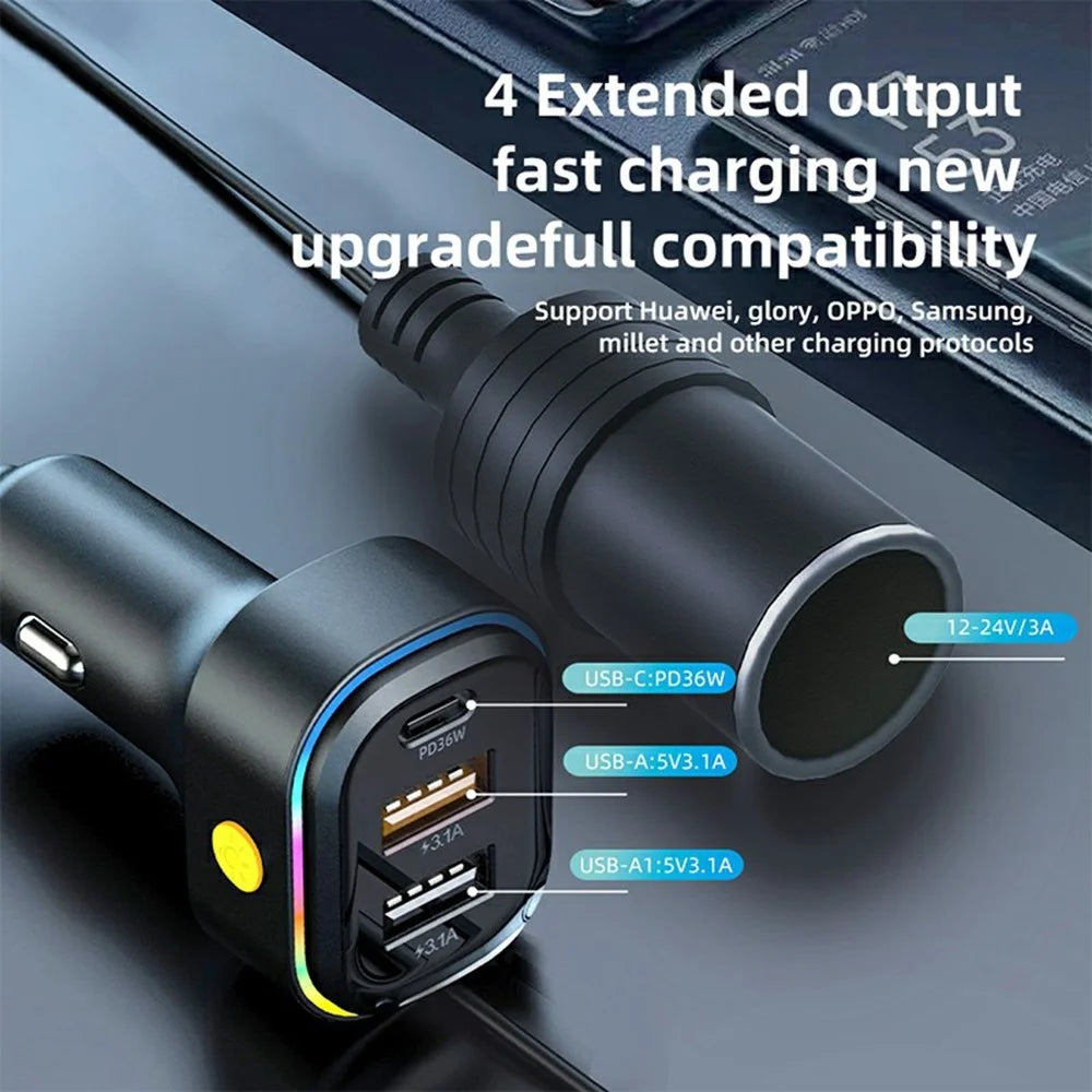 YQ9 Type-C + Dual USB Car Front Rear Seat Cigarette Lighter Charger for 12-24V Vehicles - 3