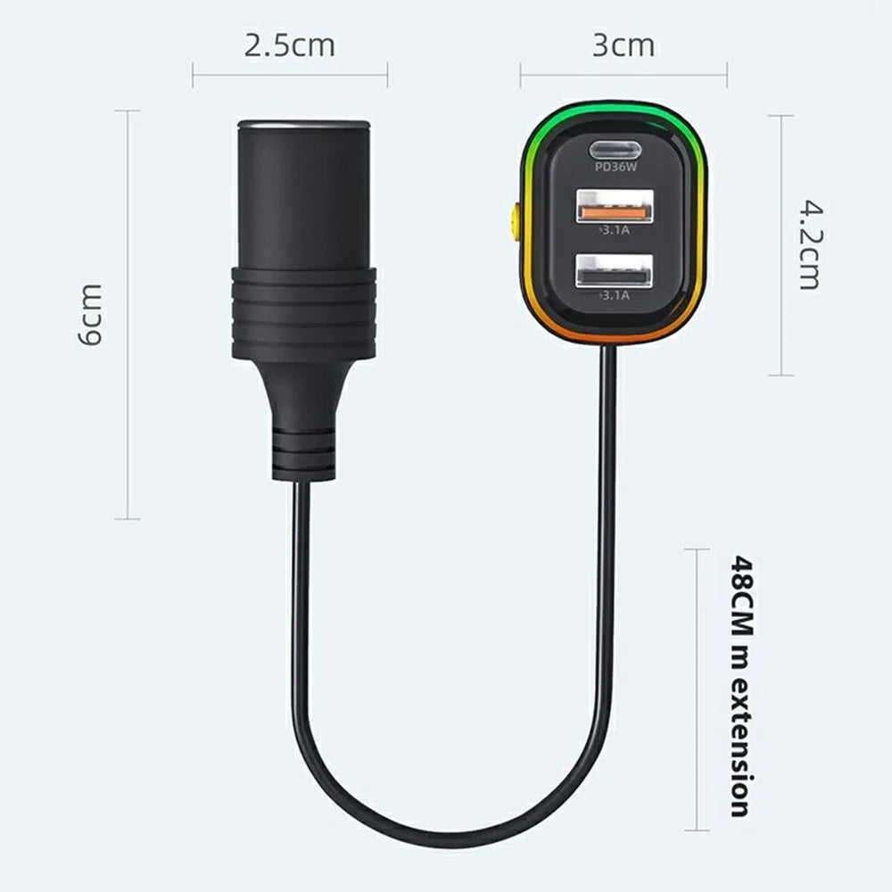 YQ9 Type-C + Dual USB Car Front Rear Seat Cigarette Lighter Charger for 12-24V Vehicles - 6