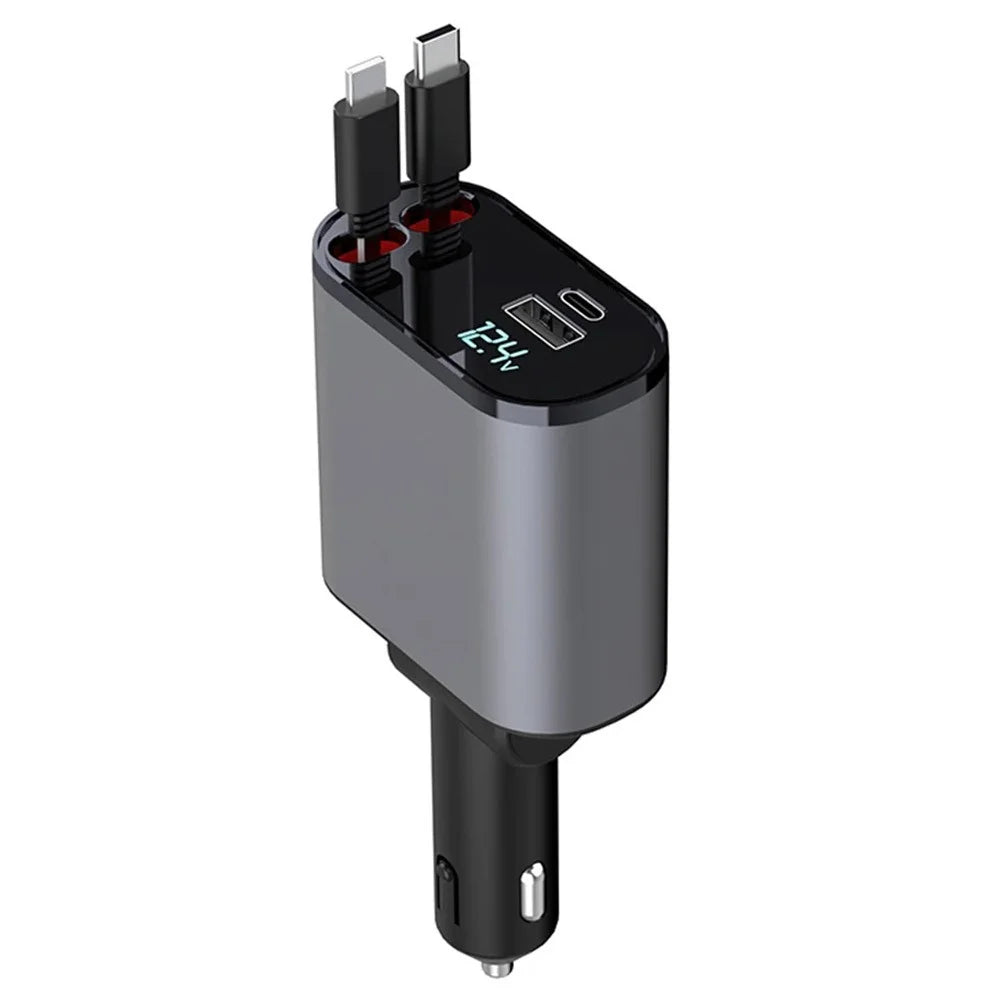 4-in-1 Digital Display Dual Ports Fast Charging Cigarette Lighter Car Charger with iP + Type-C Retractable Cable - 1