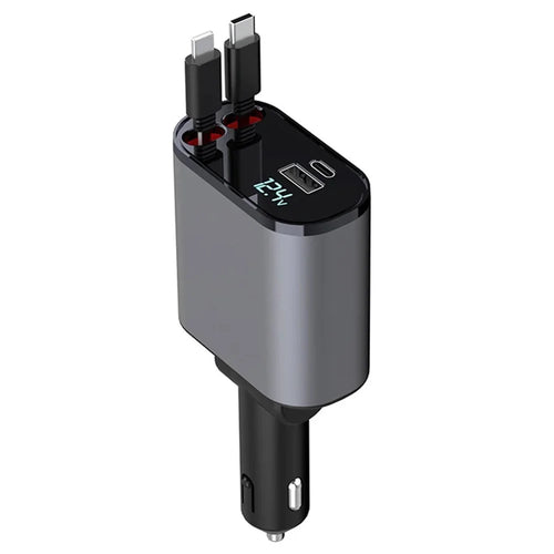 4-in-1 Digital Display Dual Ports Fast Charging Cigarette Lighter Car Charger with iP + Type-C Retractable Cable - 1