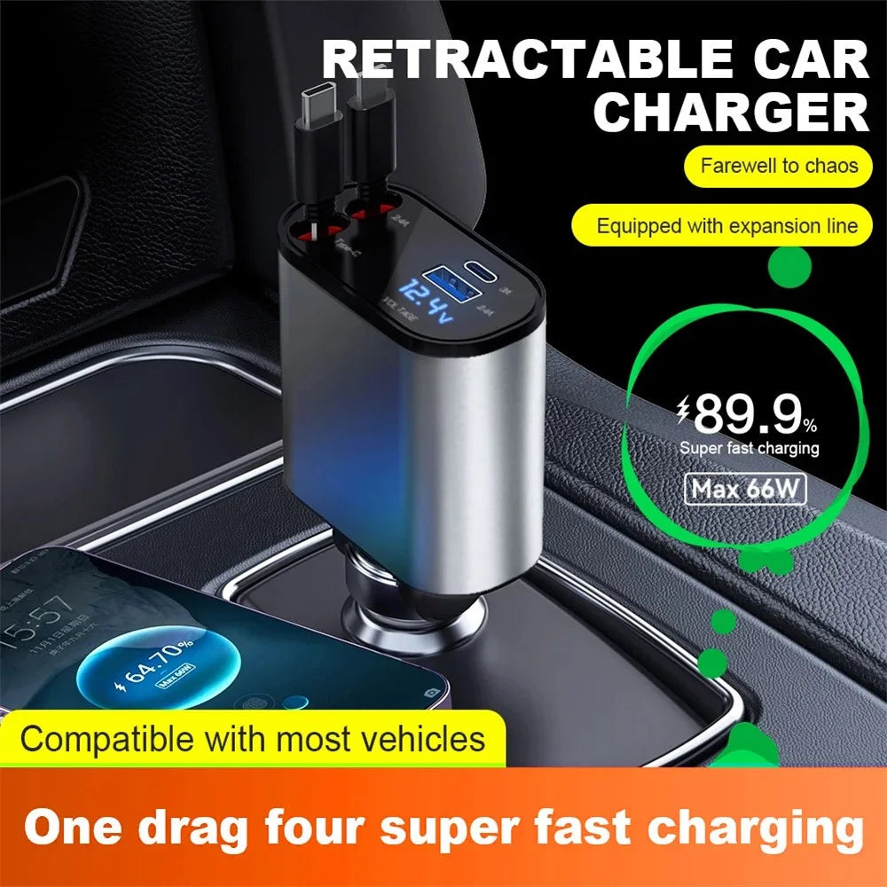 4-in-1 Digital Display Dual Ports Fast Charging Cigarette Lighter Car Charger with iP + Type-C Retractable Cable - 3