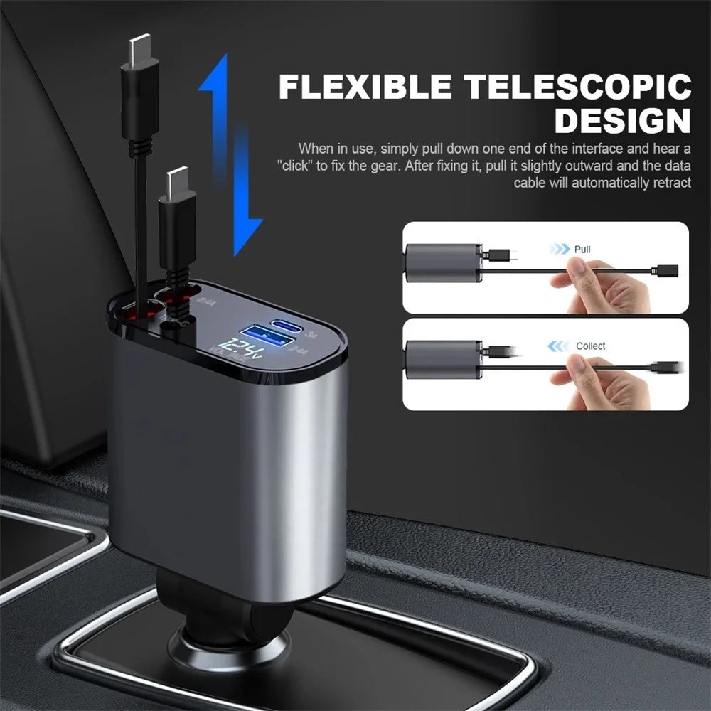 4-in-1 Digital Display Dual Ports Fast Charging Cigarette Lighter Car Charger with iP + Type-C Retractable Cable - 5