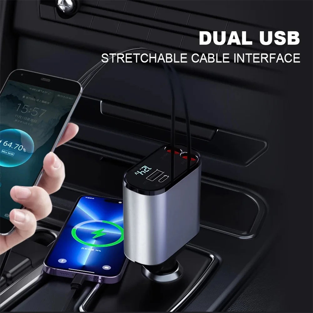 4-in-1 Digital Display Dual Ports Fast Charging Cigarette Lighter Car Charger with iP + Type-C Retractable Cable - 7