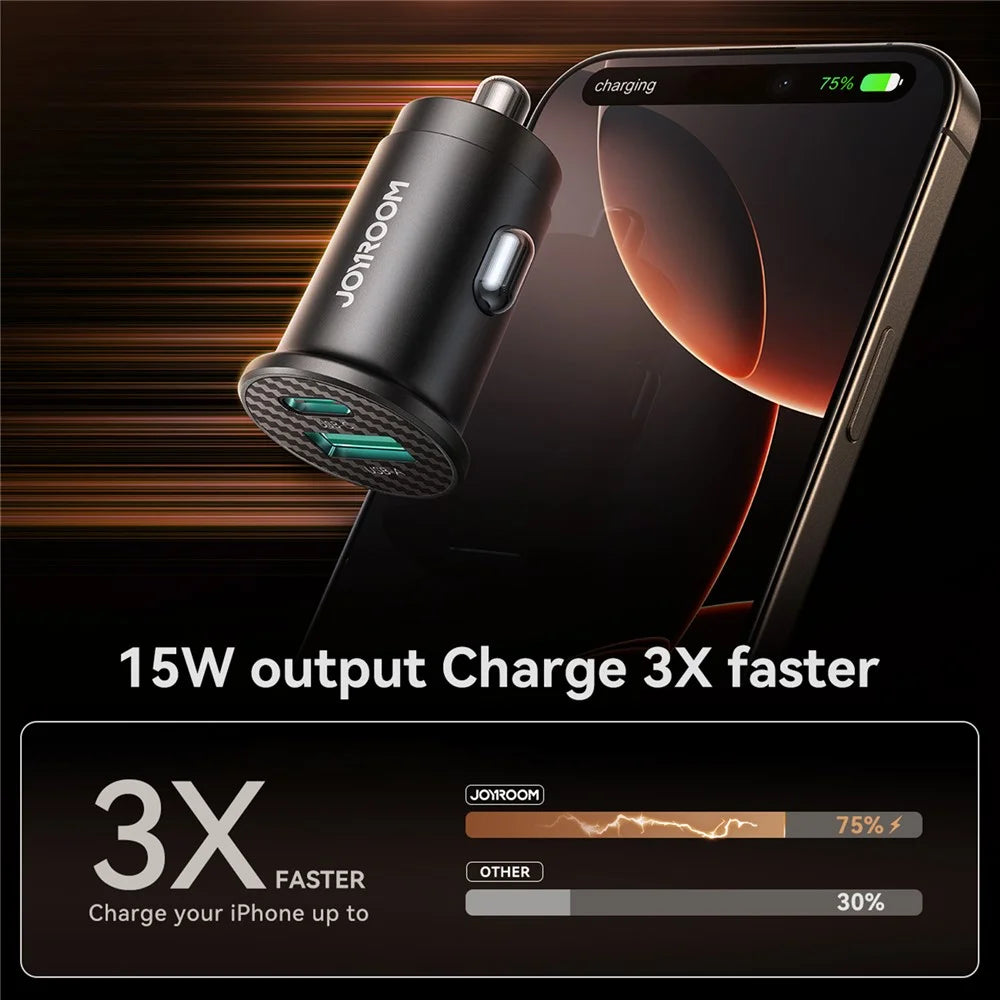 JOYROOM JR-CCN16 Mini 15W Car Charger Adapter USB-A+Type-C Dual USB Port Charger - 5