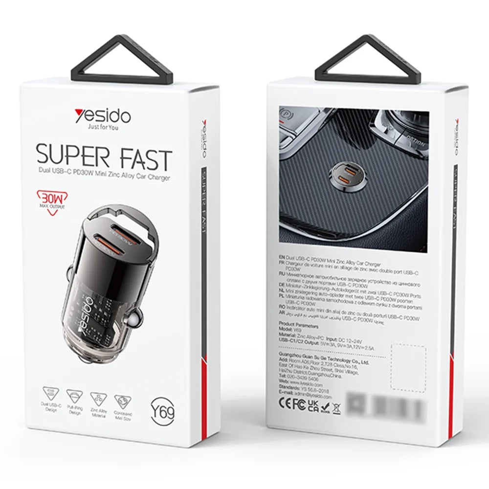 YESIDO Y69 PD 30W Dual Type-C Fast Charging Car Charger with Handle - 7