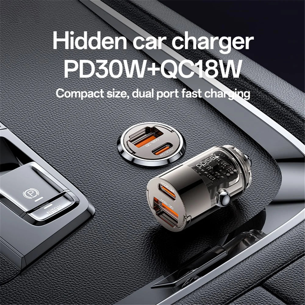 YESIDO Y68 USB+Type-C Dual Port Adapter PD 30W+QC 18W Fast Charging Mini Car Charger - 2