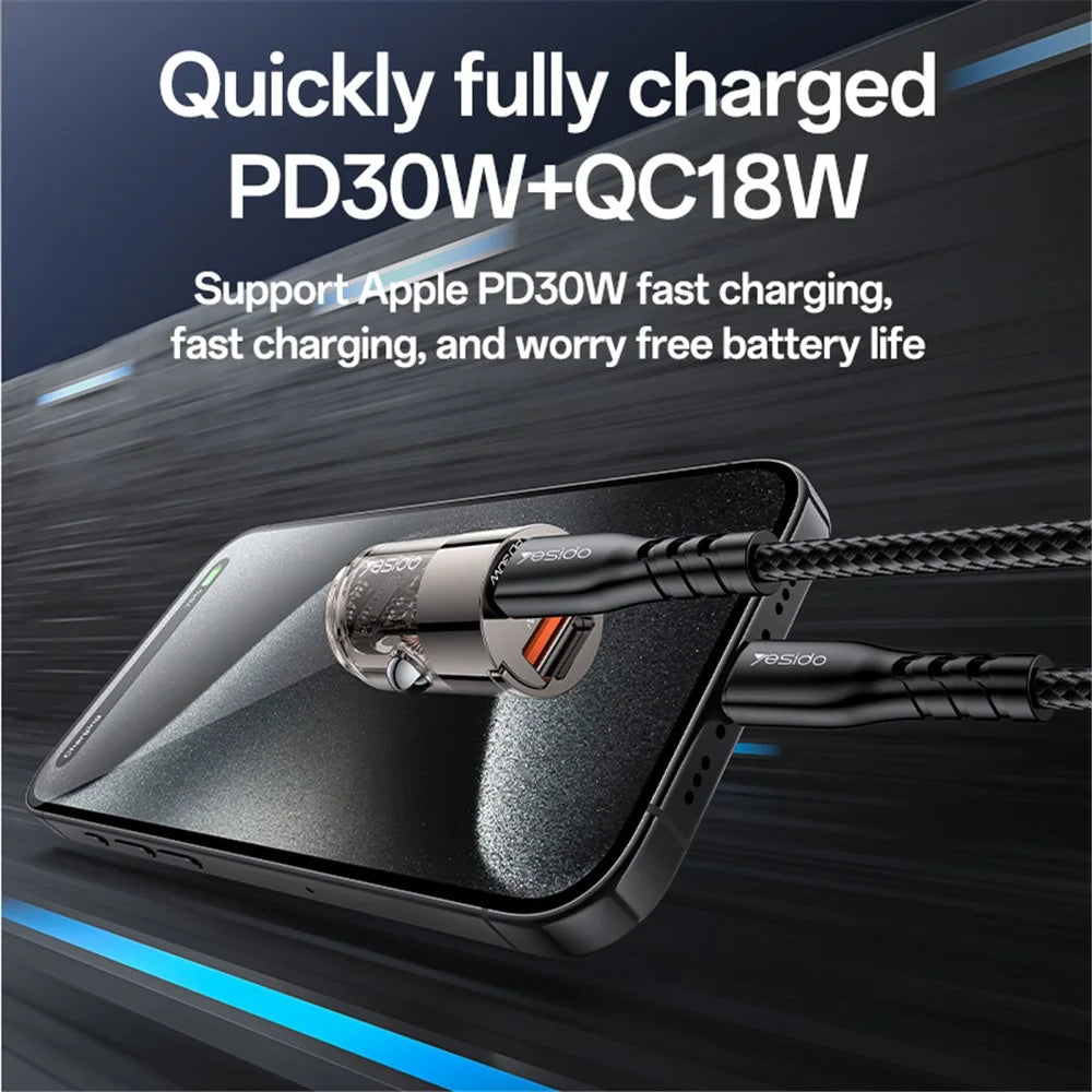 YESIDO Y68 USB+Type-C Dual Port Adapter PD 30W+QC 18W Fast Charging Mini Car Charger - 3