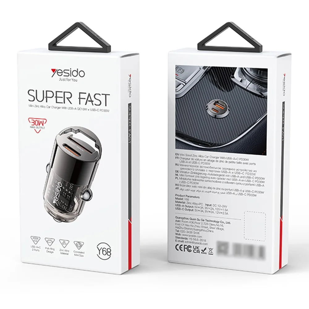 YESIDO Y68 USB+Type-C Dual Port Adapter PD 30W+QC 18W Fast Charging Mini Car Charger - 7