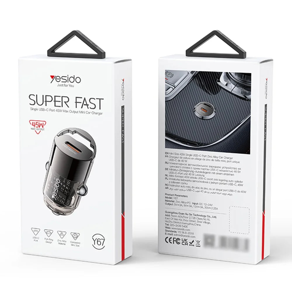 YESIDO Y67 PD 45W Type-C Mini Car Charger Fast Charging Adapter for Phones Laptops - 7