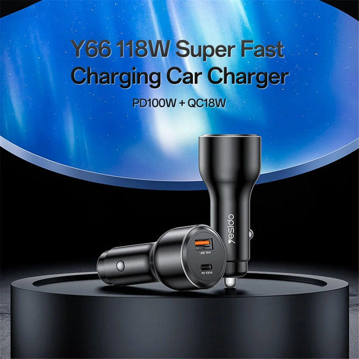 YESIDO Y65 USB+Type-C Dual Port Car Charger PD 100W + QC 18W Fast Charging Adapter - 2