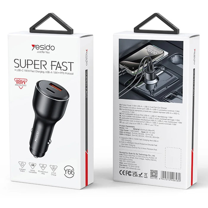 YESIDO Y65 USB+Type-C Dual Port Car Charger PD 100W + QC 18W Fast Charging Adapter - 7
