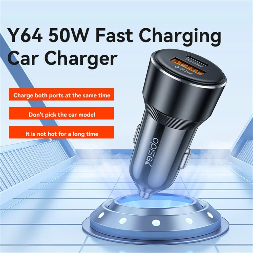 YESIDO Y64 50W USB+Type-C Dual Port Car Charger Fast Charging Cigarette Lighter Adapter - 2