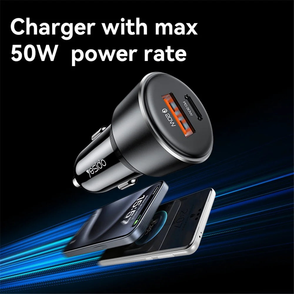 YESIDO Y64 50W USB+Type-C Dual Port Car Charger Fast Charging Cigarette Lighter Adapter - 3