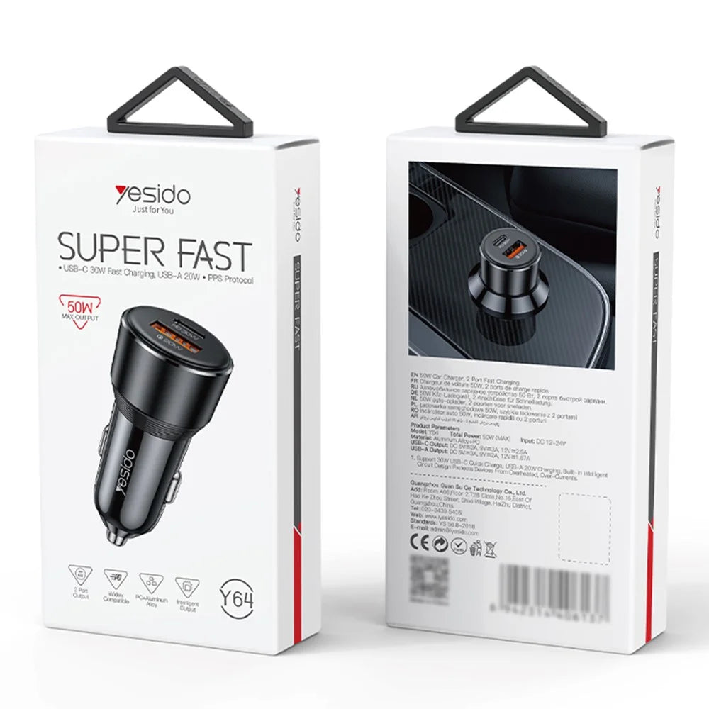 YESIDO Y64 50W USB+Type-C Dual Port Car Charger Fast Charging Cigarette Lighter Adapter - 7