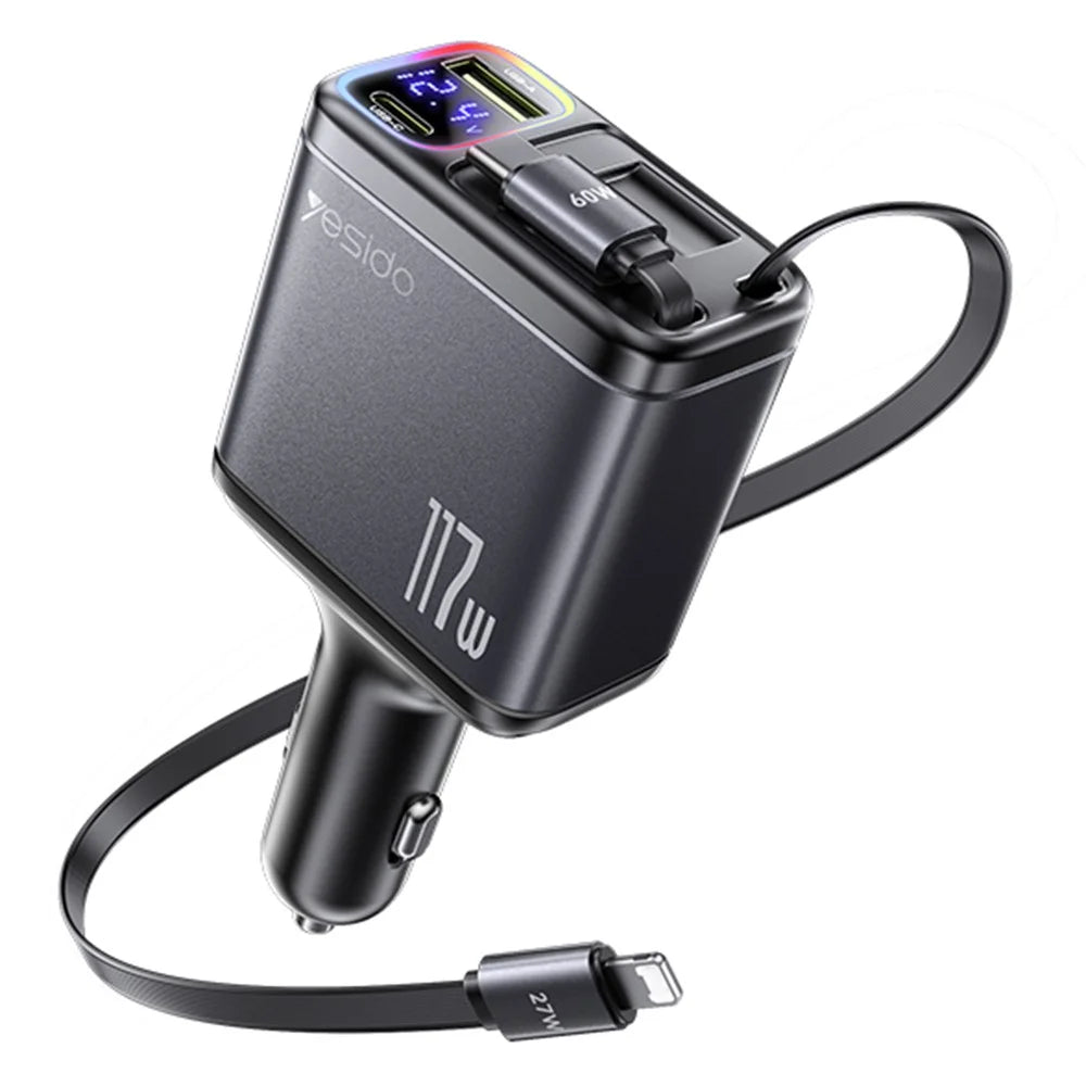 YESIDO Y63 117W Fast Charging USB-A + Type-C Dual Port Car Charger with Retractable Cables - 1