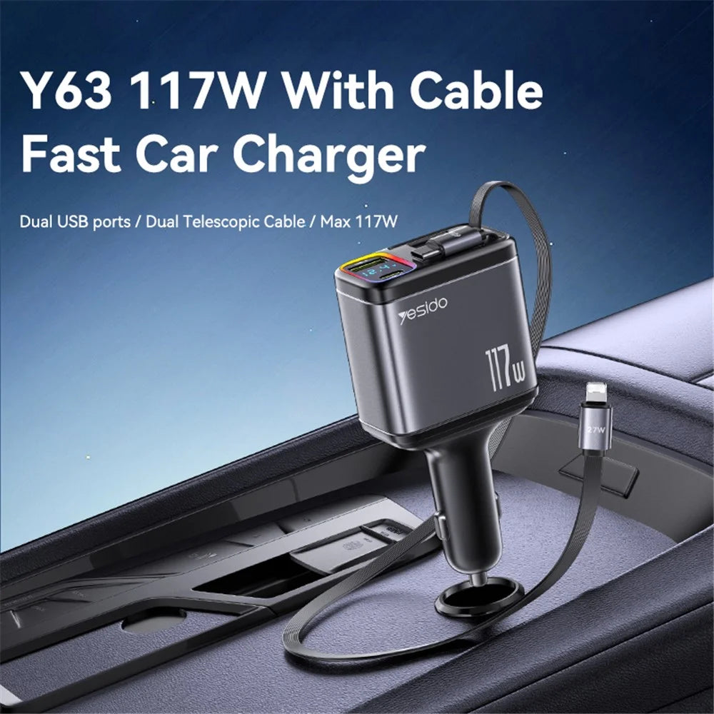 YESIDO Y63 117W Fast Charging USB-A + Type-C Dual Port Car Charger with Retractable Cables - 2