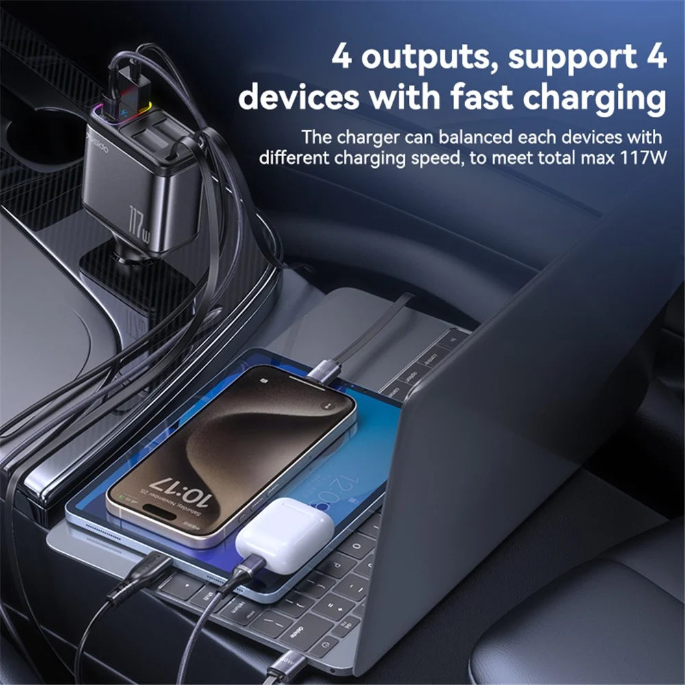 YESIDO Y63 117W Fast Charging USB-A + Type-C Dual Port Car Charger with Retractable Cables - 3