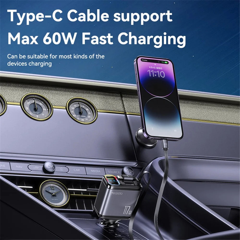 YESIDO Y63 117W Fast Charging USB-A + Type-C Dual Port Car Charger with Retractable Cables - 4