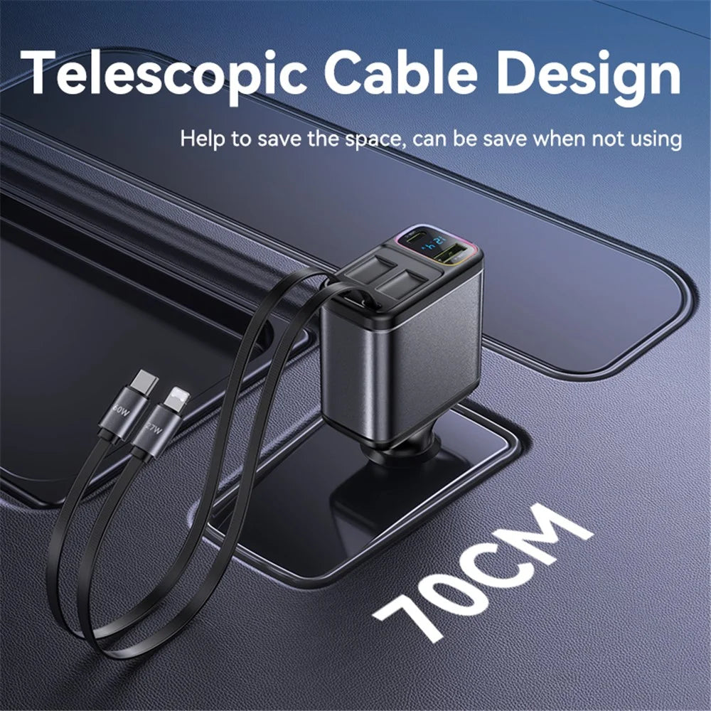 YESIDO Y63 117W Fast Charging USB-A + Type-C Dual Port Car Charger with Retractable Cables - 5