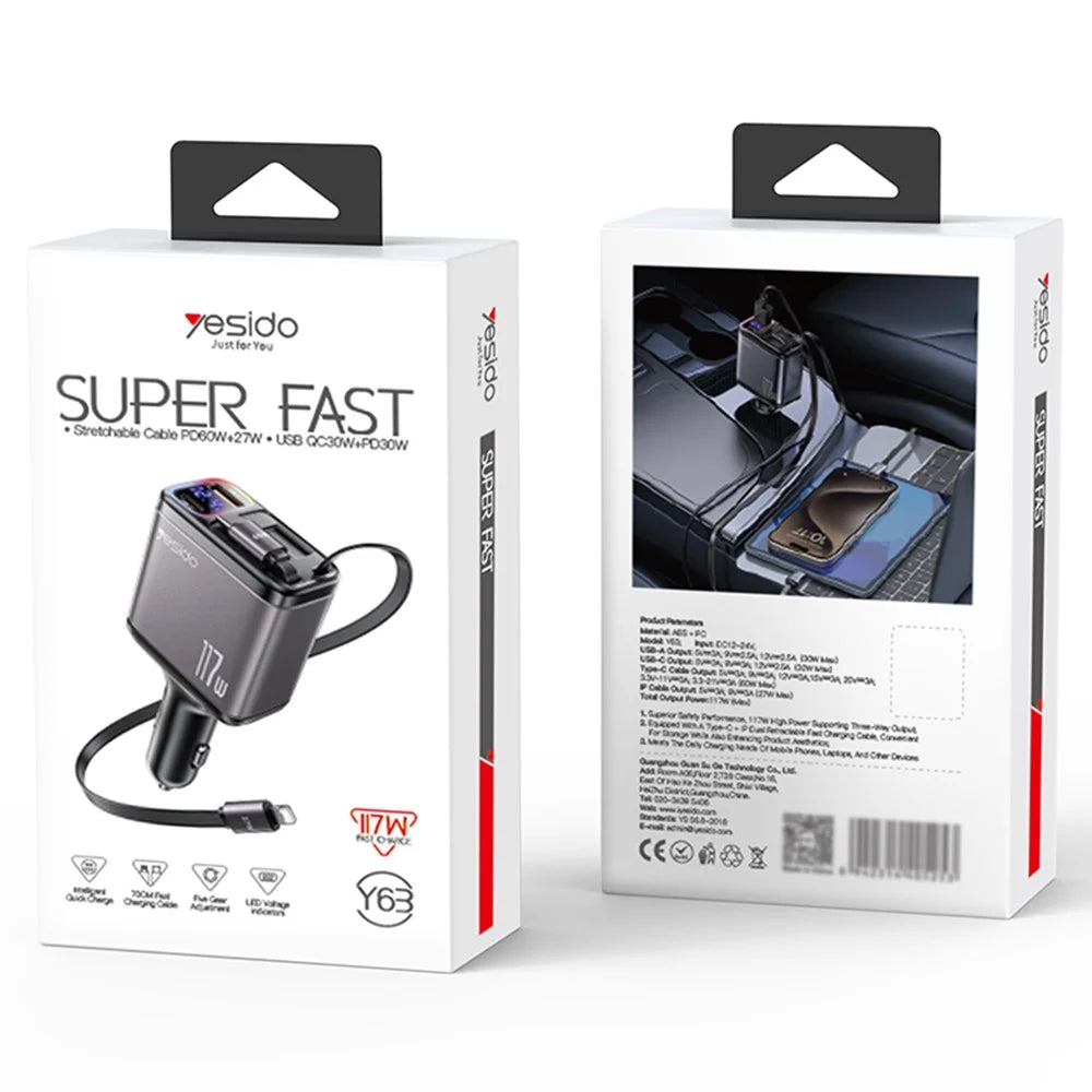 YESIDO Y63 117W Fast Charging USB-A + Type-C Dual Port Car Charger with Retractable Cables - 7