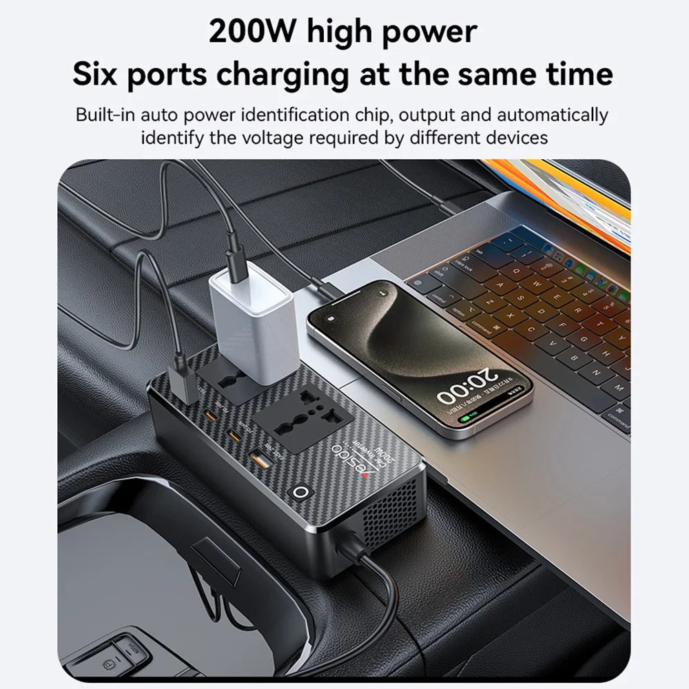 YESIDO VC07 200W High Power Car Inverter Fast Charging Adapter with 2 AC + 2 USB + 2 Type-C Ports - 4