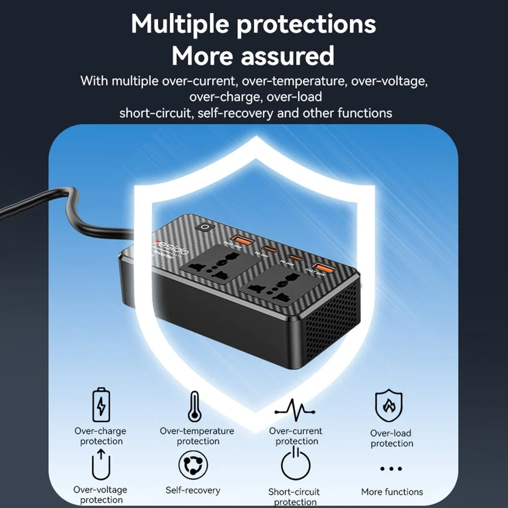 YESIDO VC07 200W High Power Car Inverter Fast Charging Adapter with 2 AC + 2 USB + 2 Type-C Ports - 7