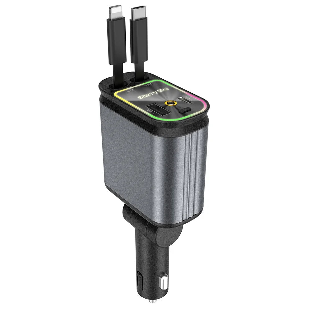 C3 4 in 1 USB A + USB C Car Charger with Retractable Type C + iP Cable Starry Sky Cigarette Lighter Adapter - 1
