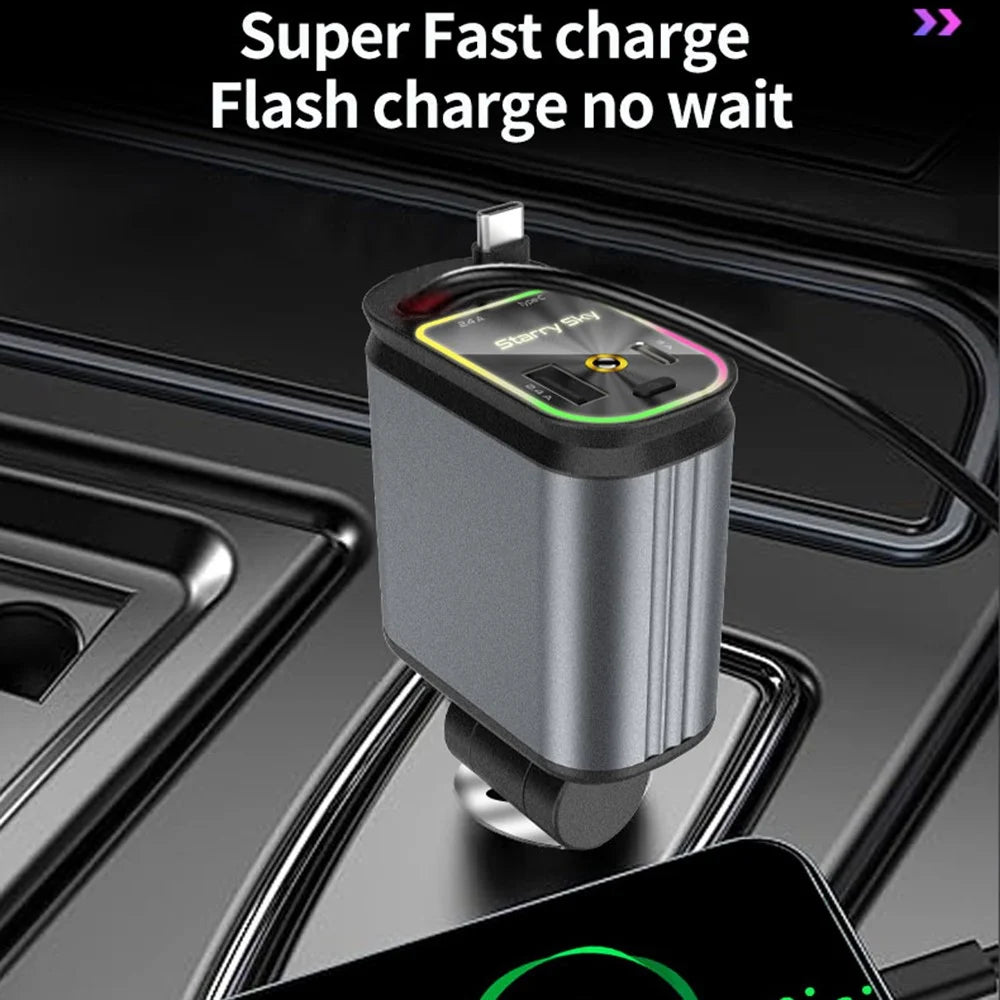 C3 4 in 1 USB A + USB C Car Charger with Retractable Type C + iP Cable Starry Sky Cigarette Lighter Adapter - 3