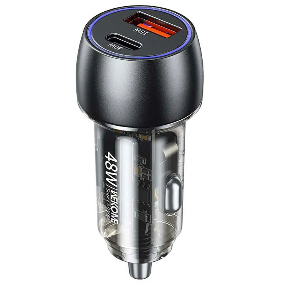 WEKOME WP-C53 48W Car Charger Aluminum Alloy + Transparent PC Shell Dual USB A+C Port Fast Charging Adapter - Black - 1