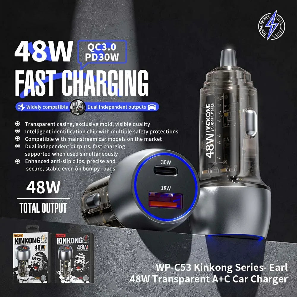 WEKOME WP-C53 48W Car Charger Aluminum Alloy + Transparent PC Shell Dual USB A+C Port Fast Charging Adapter - Black - 2