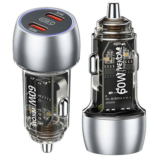 WEKOME WP-C54 Car Charger 60W Dual USB-C Fast Charging Aluminum Alloy Transparent Adapter - Silver - 1