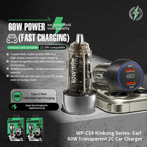 WEKOME WP-C54 Car Charger 60W Dual USB-C Fast Charging Aluminum Alloy Transparent Adapter - Silver - 2