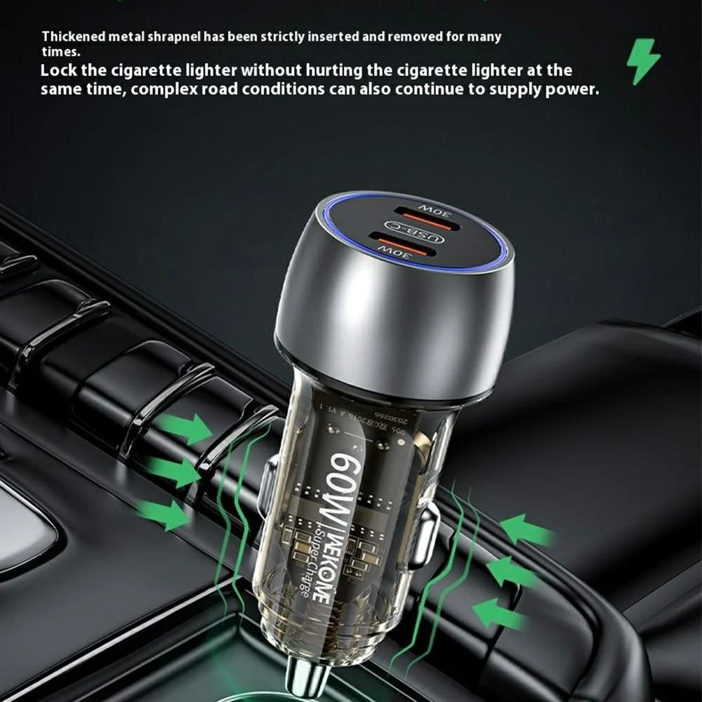 WEKOME WP-C54 Car Charger 60W Dual USB-C Fast Charging Aluminum Alloy Transparent Adapter - Silver - 3