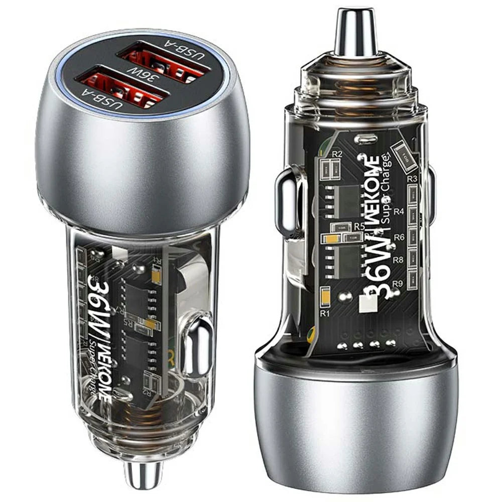 WEKOME WP-C55 Car Charger 36W Dual USB Fast Charging Aluminum Alloy Transparent Adapter - Silver - 1