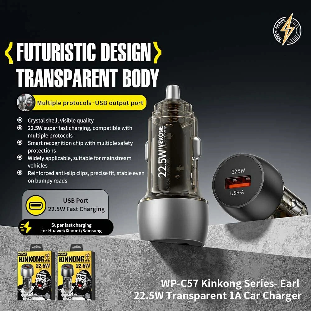 WEKOME WP-C57 Car Charger 22.5W Single USB-A Port Fast Charging Aluminum Alloy Transparent Adapter - Silver - 2
