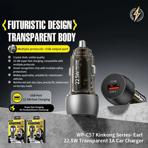 WEKOME WP-C57 Car Charger 22.5W Single USB-A Port Fast Charging Aluminum Alloy Transparent Adapter - Silver - 2