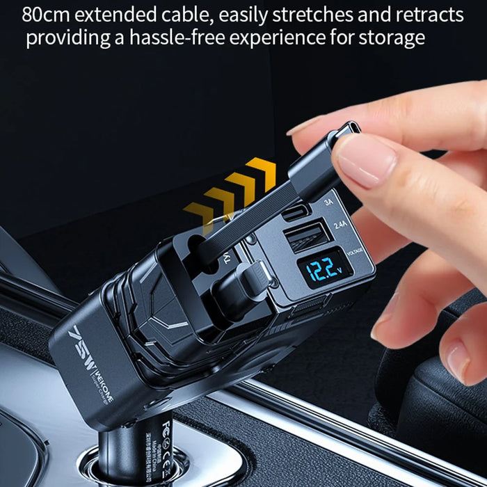 WEKOME WP-C59 Car Charger 75W Fast Charging Multi-Port Adapter with Retractable Cable - White - 3