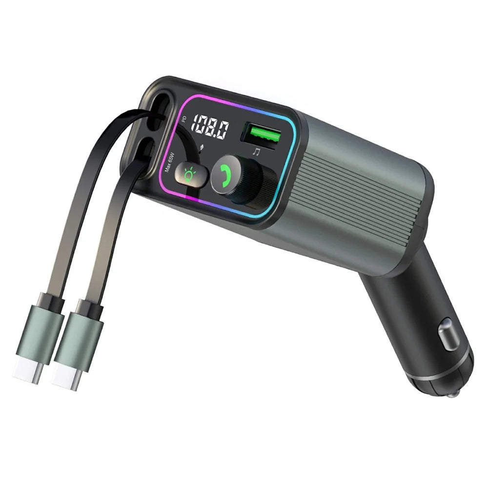 GC08C Car Charger with Dual USB C Retractable Cables and Ambient Light Voltage Display PD 65W Fast Charging Adapter - 1