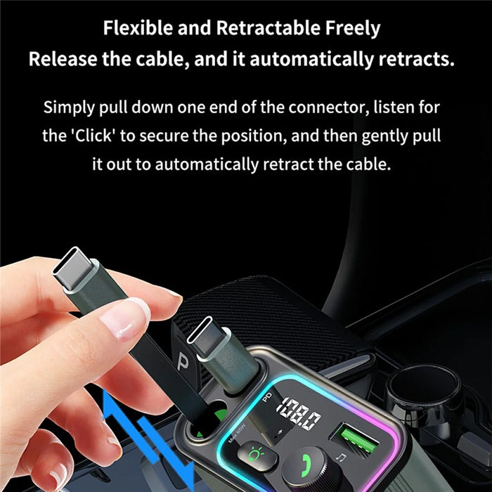 GC08C Car Charger with Dual USB C Retractable Cables and Ambient Light Voltage Display PD 65W Fast Charging Adapter - 6