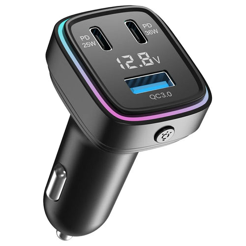 GE13 Voltage Display 3-Port Fast Charging Car Charger with Colorful Ambient Light - 1