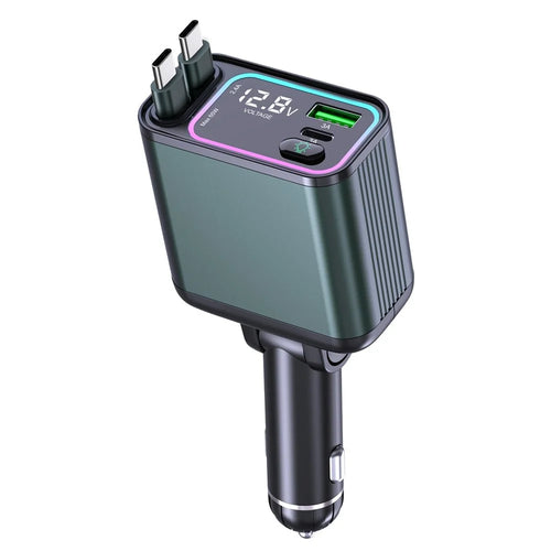 GC08A Car Charger Ambient Light Voltage Display Fast Charge Adapter with Dual Type-C Retractable Cables - 1