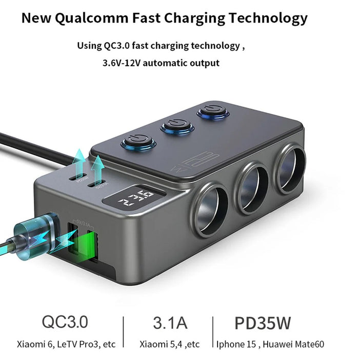 PD 35W Fast Charging Car Charger 3 in 1 Cigarette Lighter Adapter 120W 5 USB Ports for Multiple Devices - 4